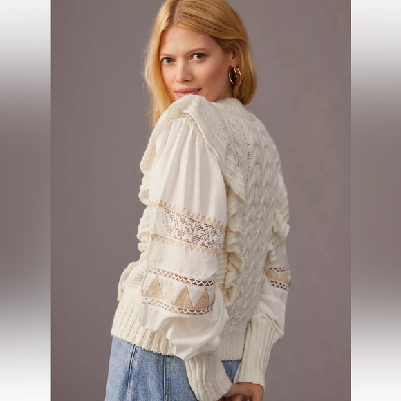 By Anthropologie Boho Cotton Cable Knit Sweater Ivory Size S